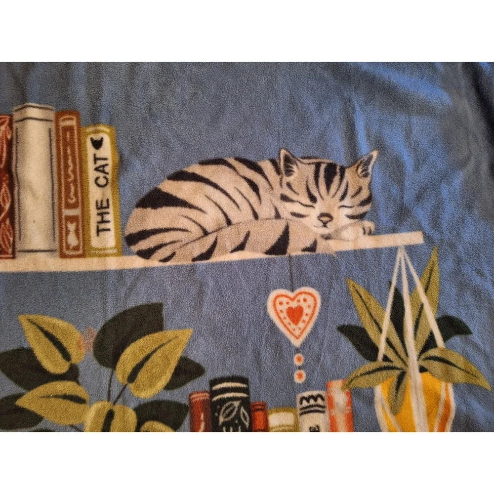 Handmade Fleece Tie Blanket Cats Books Plants Library Print Blue Throw 58